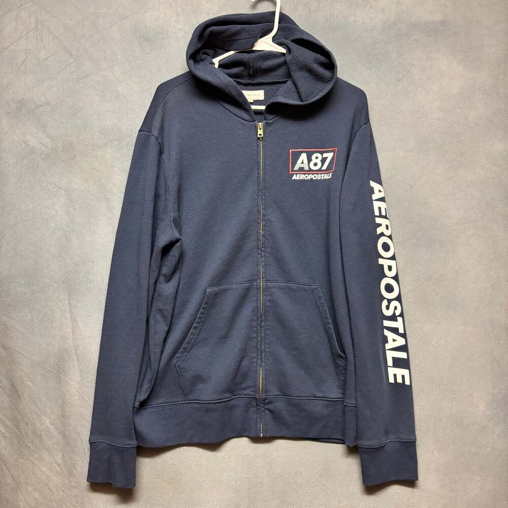 Aeropostale A87 Men’s Large Navy Blue Full Zip Hoodie Logo Sleeve Sweatshirt
